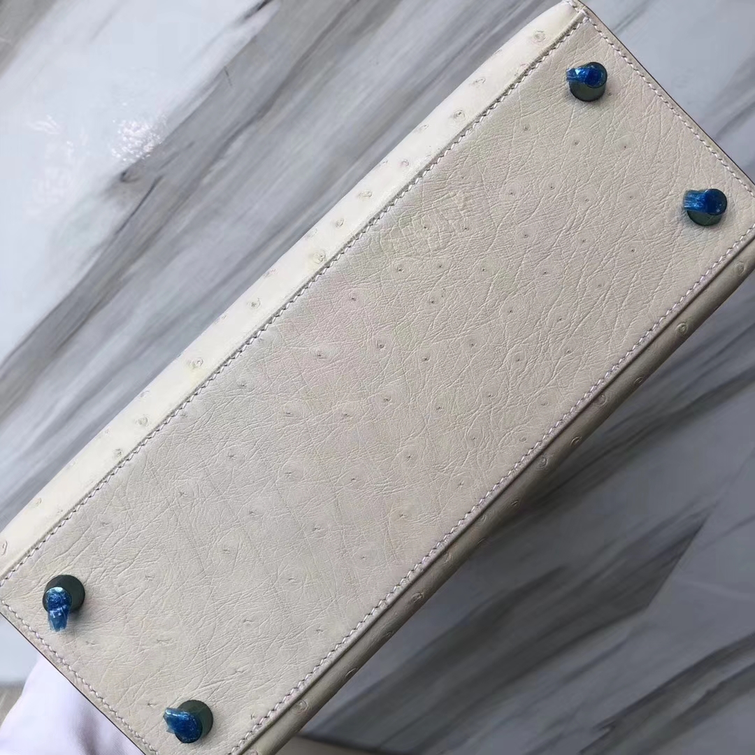 Stock Hermes 3C Wool White Ostrich Leather Sellier Kelly25CM Bag Gold Hardware