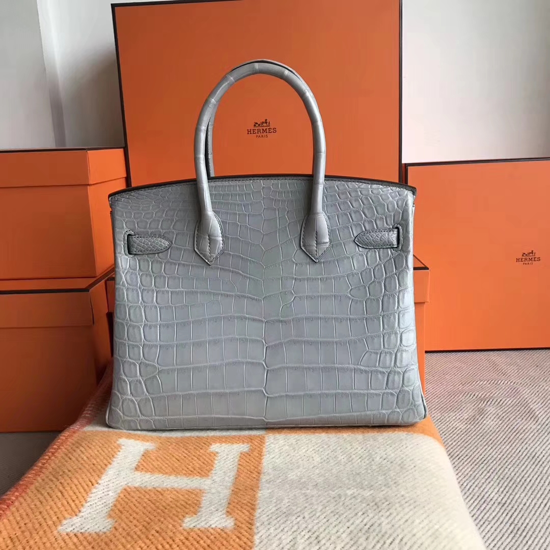 Luxury Hermes Galaxy Grey Matt Crocodile Birkin Bag30CM Gold Hardware