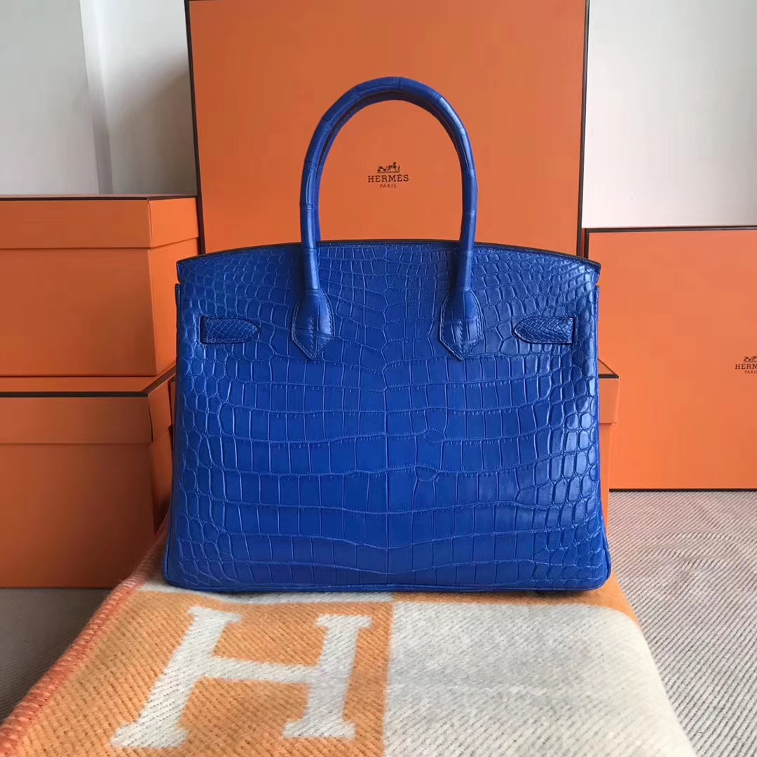 Luxury Hermes 7T Blue Electric Matt Crocodile Birkin30CM Bag Silver Hardware