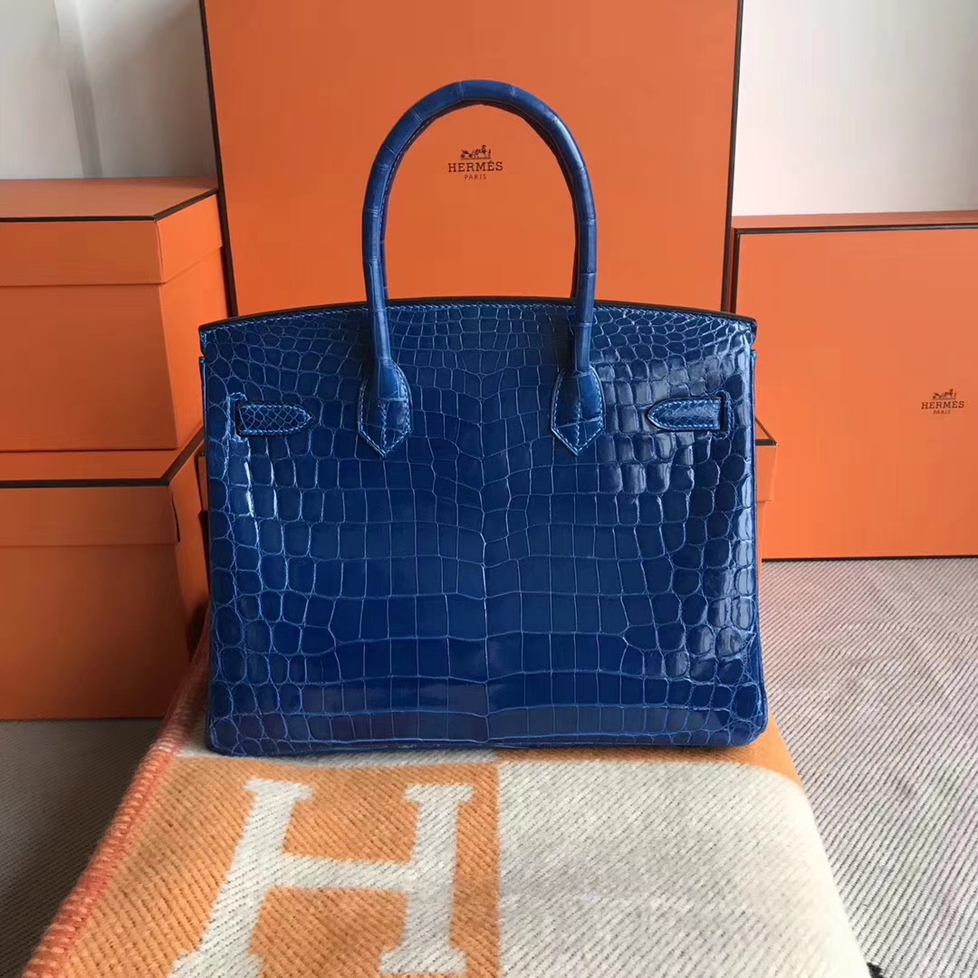 Luxury Hermes 7Q Mykonos Shiny Crocodile Birkin Bag30CM Gold Hardware