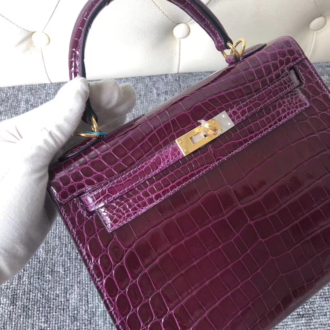 Stock Wholesale Hermes N5 Cassis Purple Shiny Crocodile Kelly Bag25CM Gold Hardware