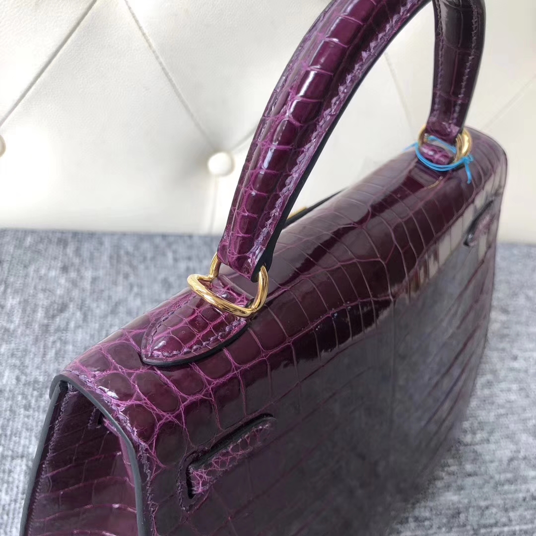 Stock Wholesale Hermes N5 Cassis Purple Shiny Crocodile Kelly Bag25CM Gold Hardware
