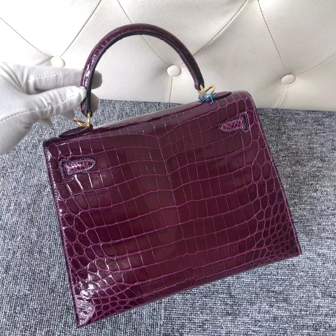 Stock Wholesale Hermes N5 Cassis Purple Shiny Crocodile Kelly Bag25CM Gold Hardware