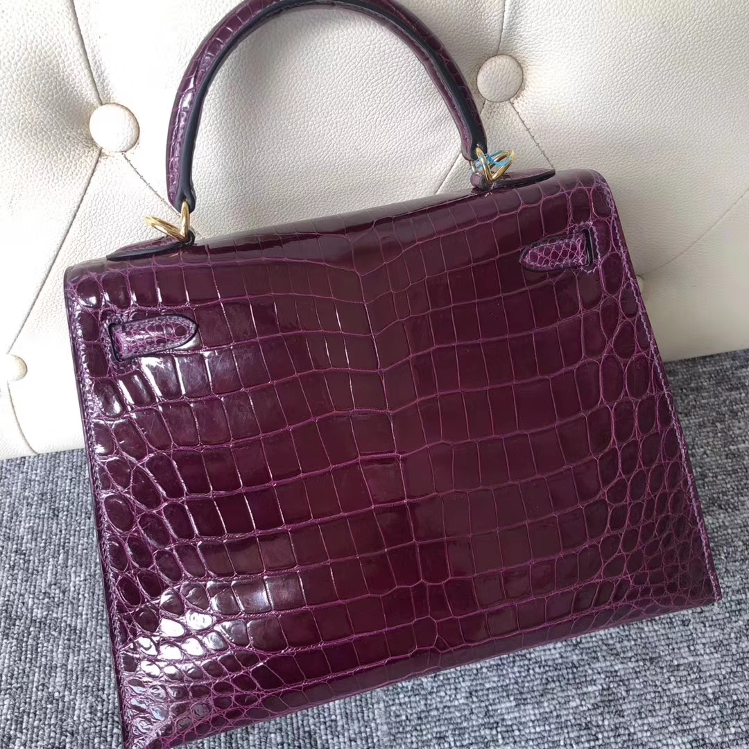Stock Wholesale Hermes N5 Cassis Purple Shiny Crocodile Kelly Bag25CM Gold Hardware