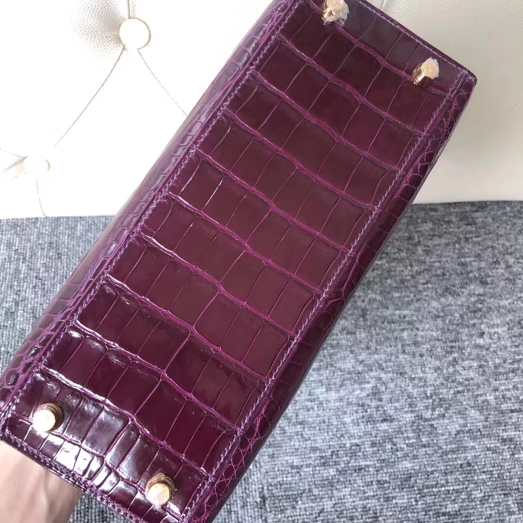 Stock Wholesale Hermes N5 Cassis Purple Shiny Crocodile Kelly Bag25CM Gold Hardware