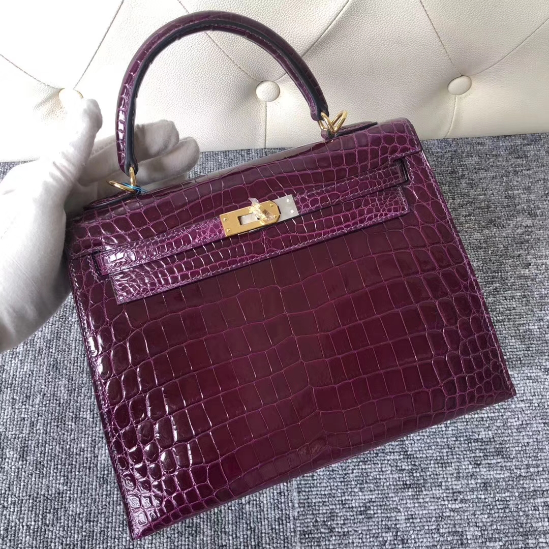 Stock Wholesale Hermes N5 Cassis Purple Shiny Crocodile Kelly Bag25CM Gold Hardware