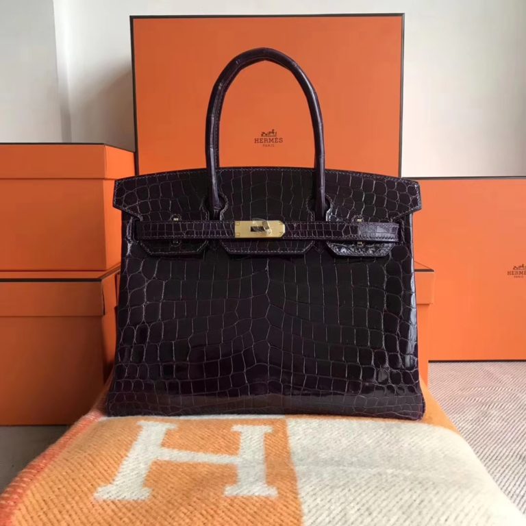 Hermes 9G Amethyst Purple Crocodile Shiny Birkin 30CM Bag