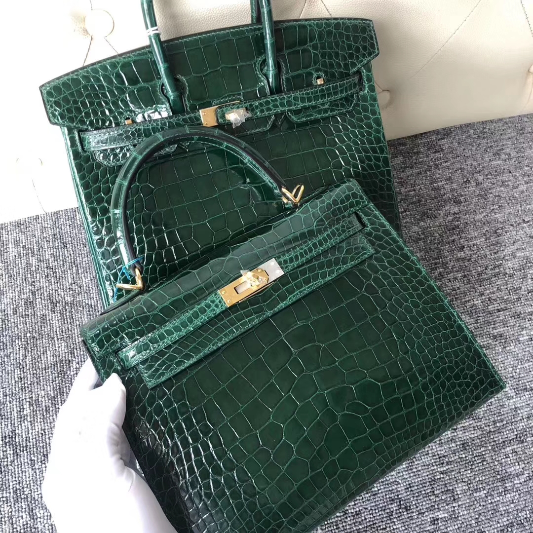 Stock Discount Hermes Shiny Crocodile Kelly25CM Bag in CK67 Vert Fonce Gold Hardware