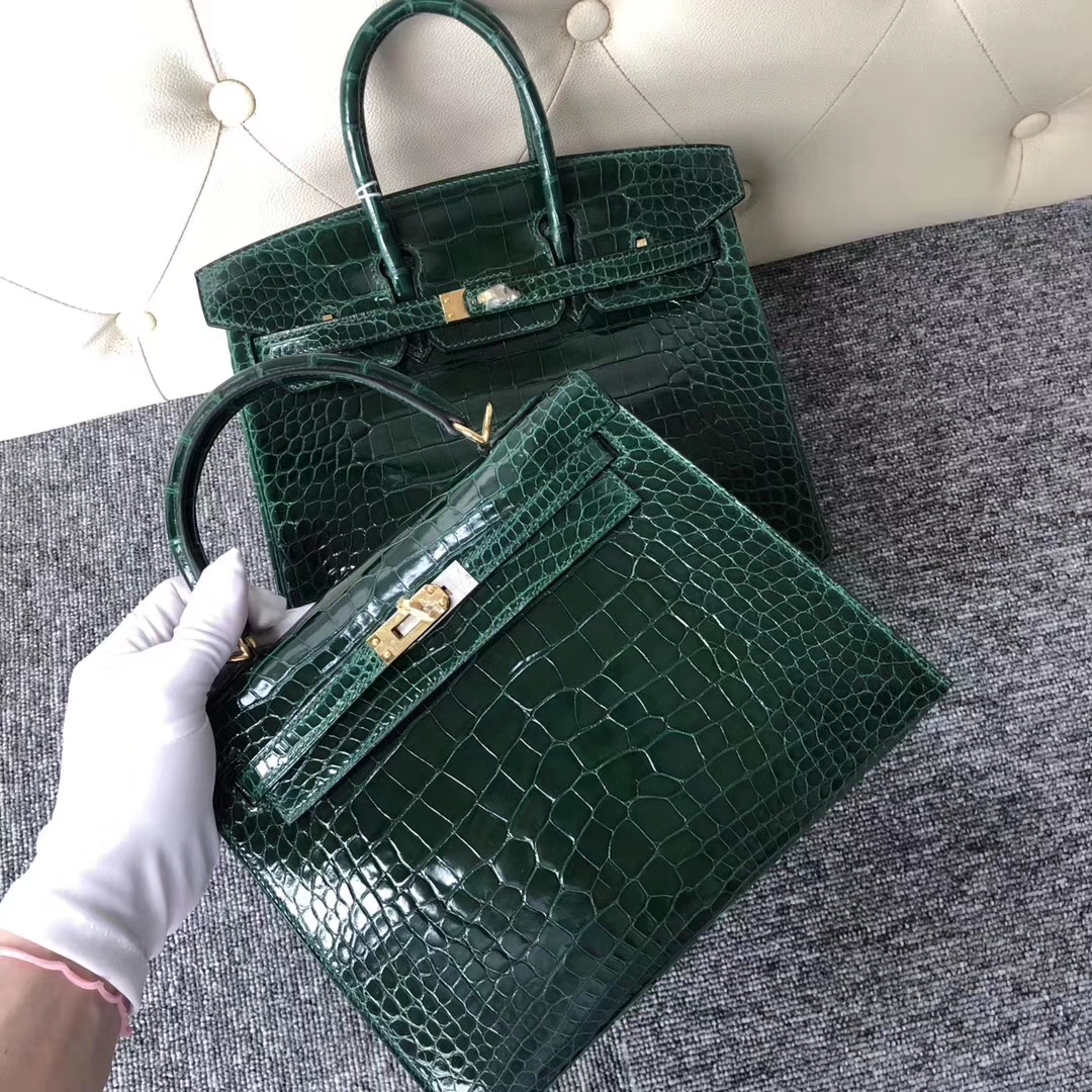Stock Discount Hermes Shiny Crocodile Kelly25CM Bag in CK67 Vert Fonce Gold Hardware
