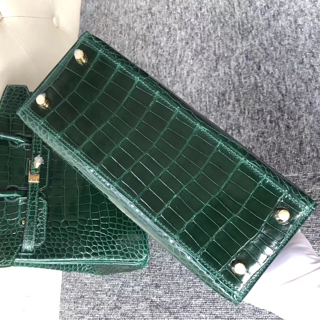 Stock Discount Hermes Shiny Crocodile Kelly25CM Bag in CK67 Vert Fonce Gold Hardware
