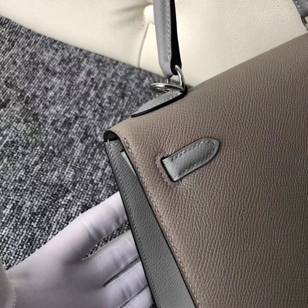 Stock Hermes M8 Gris Ashpite/4Z Gris Mouette Epsom Calf Kelly Bag25CM Silver Hardware
