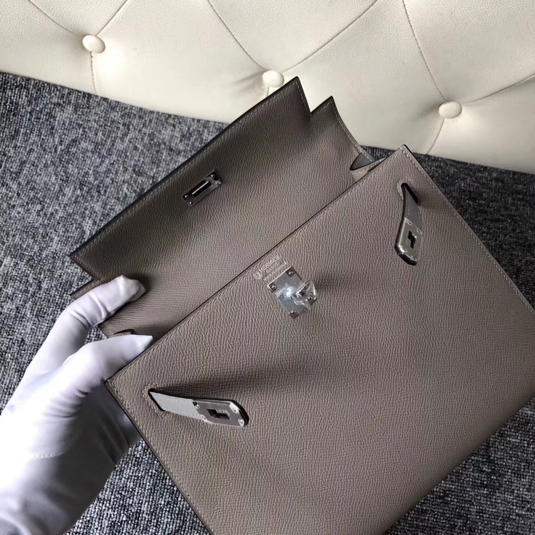 Stock Hermes M8 Gris Ashpite/4Z Gris Mouette Epsom Calf Kelly Bag25CM Silver Hardware