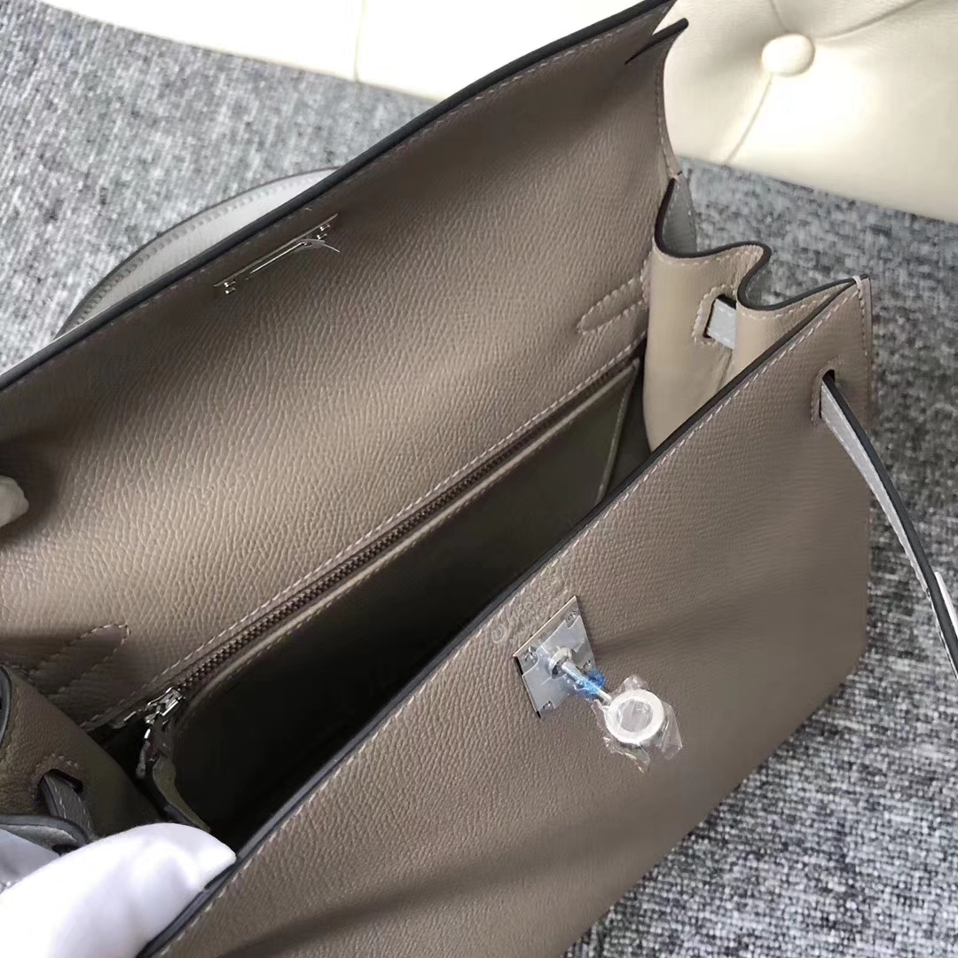 Stock Hermes M8 Gris Ashpite/4Z Gris Mouette Epsom Calf Kelly Bag25CM Silver Hardware