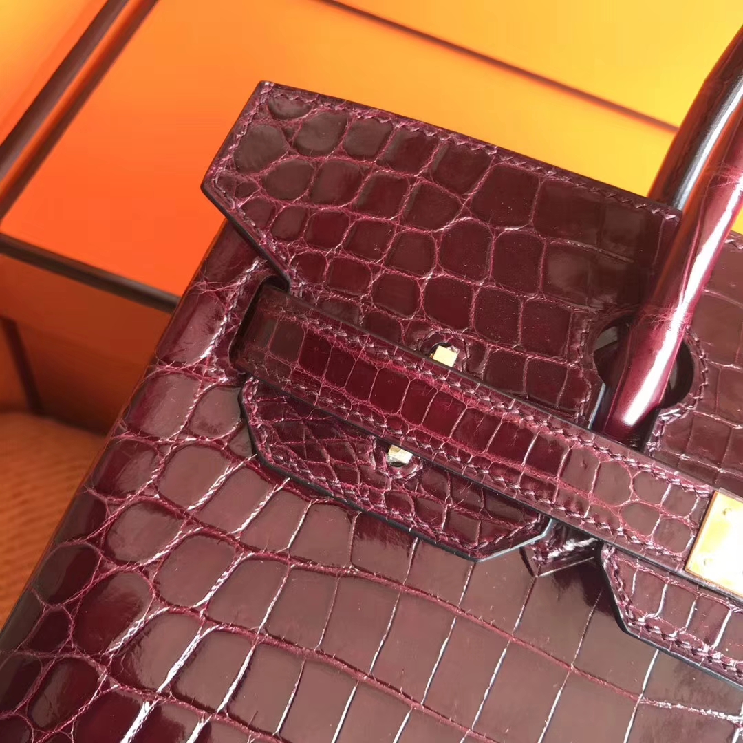 Hermes Crocodile Shiny Leather Birkin30CM Bag in CK57 Bordeaux Red Gold Hardware