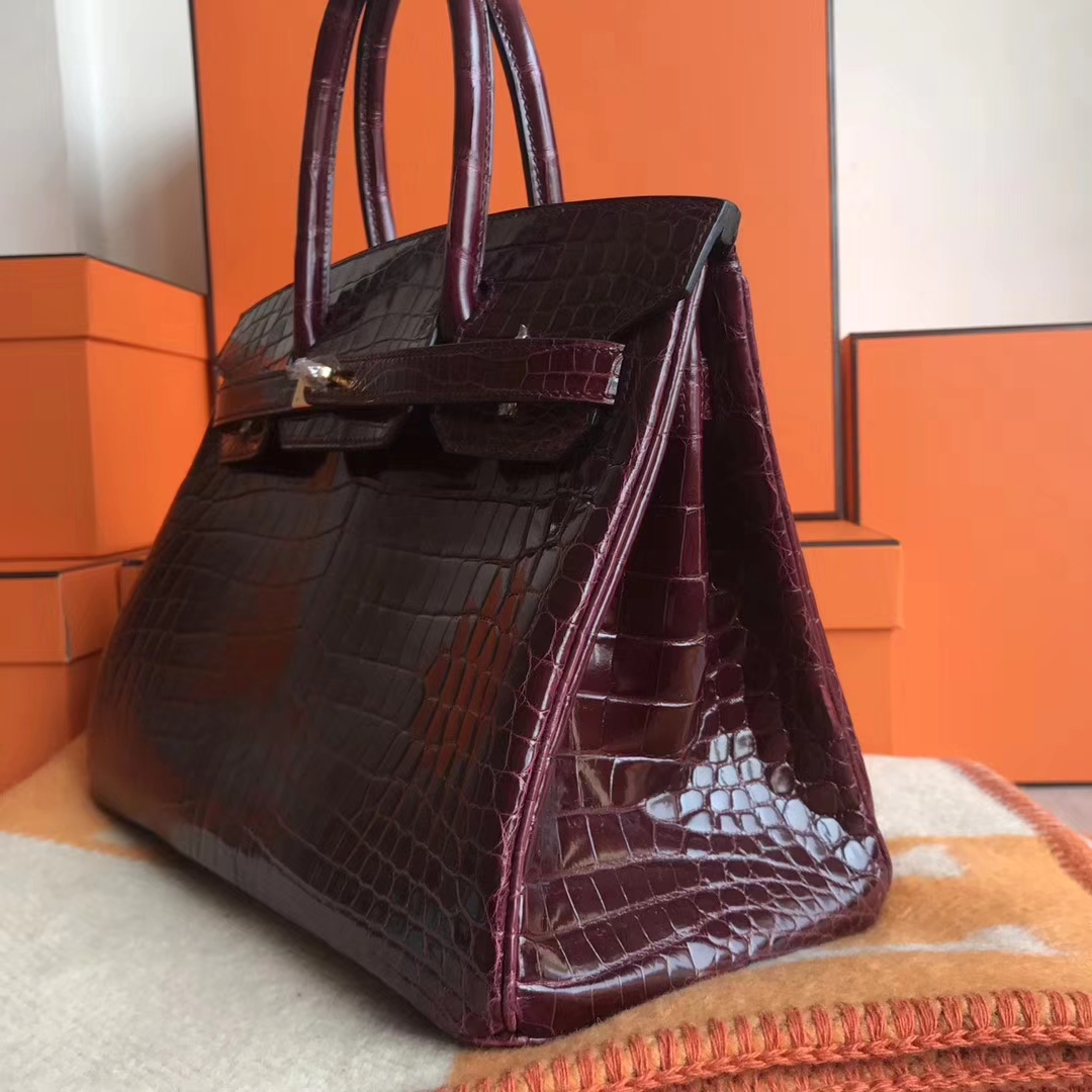 Hermes Crocodile Shiny Leather Birkin30CM Bag in CK57 Bordeaux Red Gold Hardware