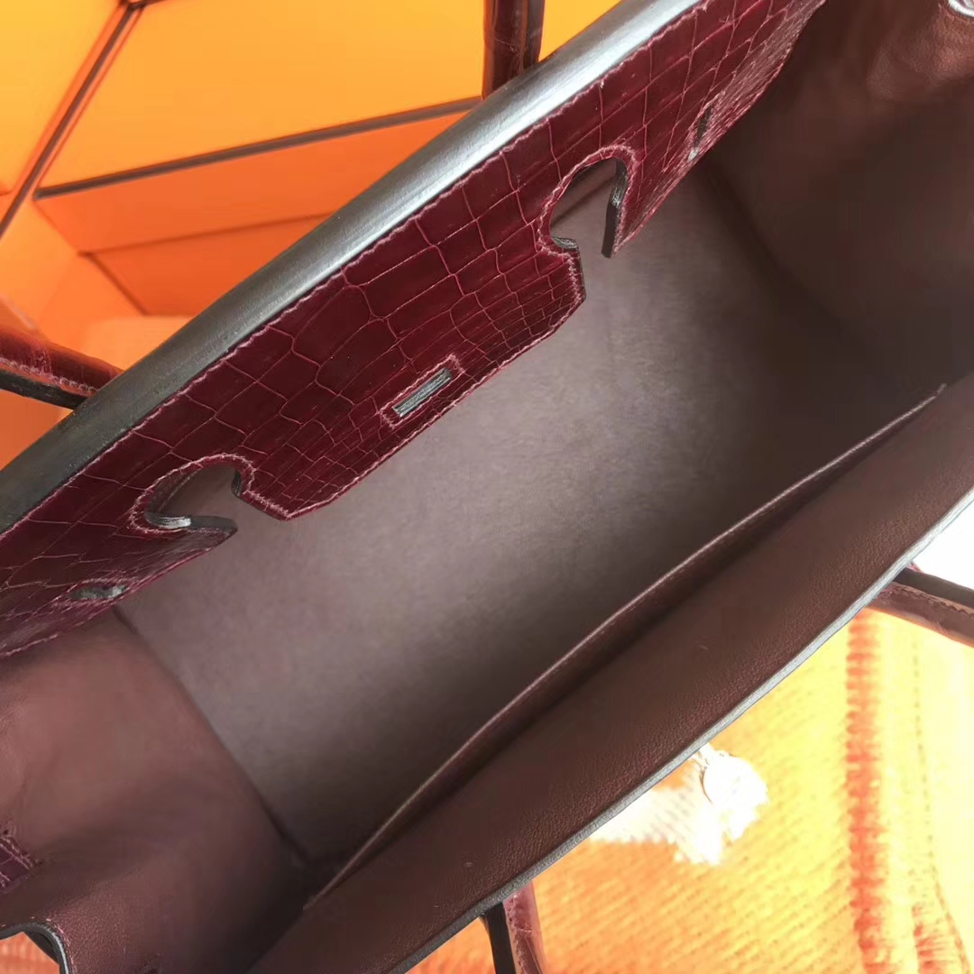 Hermes Crocodile Shiny Leather Birkin30CM Bag in CK57 Bordeaux Red Gold Hardware