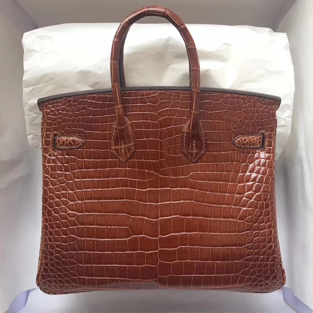 New Arrival Hermes CK31 Brown Shiny Crocodile Birkin25CM Bag Gold Hardware