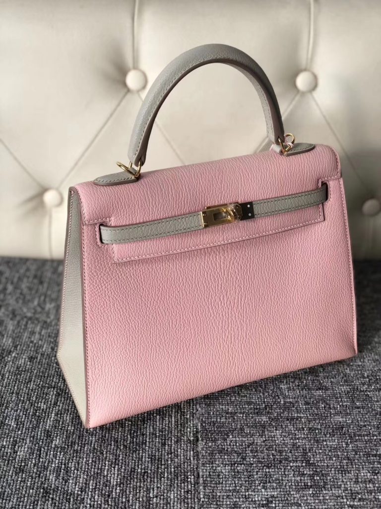 Hermes 3Q Rose Barbie/Gris Tourterelle Chevre Leather Kelly 25CM Bag
