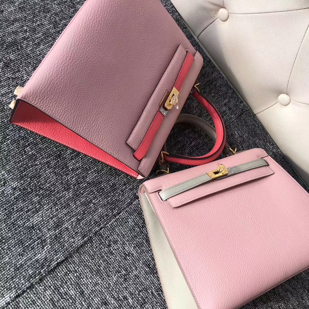 Discount Hermes 3Q Rose Barbie/Gris Tourterelle Chevre Leather Kelly25CM Bag