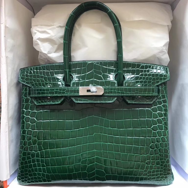 Hermes Shiny Crocodile Leather Birkin 30CM Bag in CK67 Vert Fonce Silver Hardware