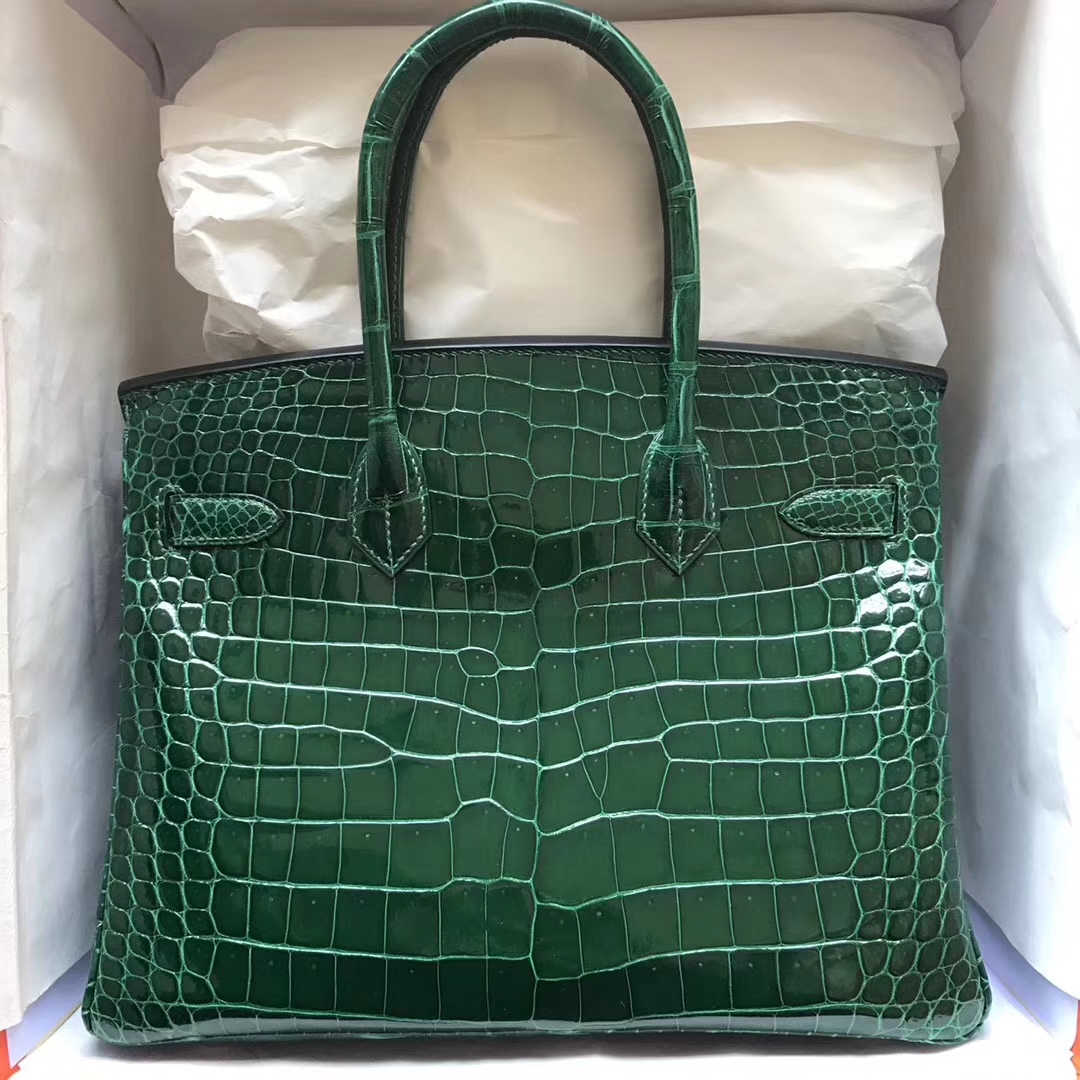 Hermes Shiny Crocodile Leather Birkin30CM Bag in CK67 Vert Fonce Silver Hardware