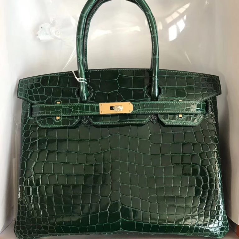 Hermes Shiny Crocodile Leather Birkin Bag 30CM in CK67 Vert Fonce Gold Hardware
