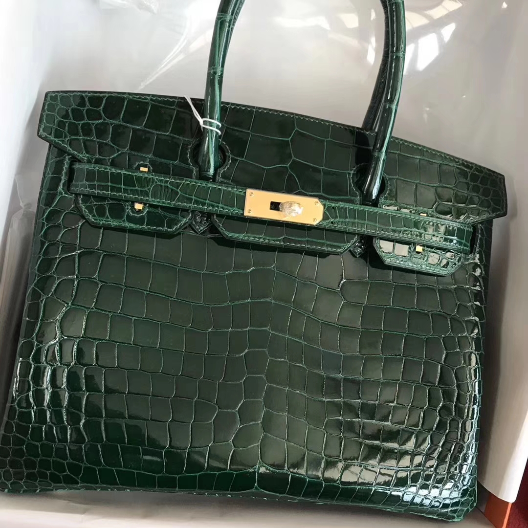 Luxury Hermes Shiny Crocodile Leather Birkin Bag30CM in CK67 Vert Fonce Gold Hardware
