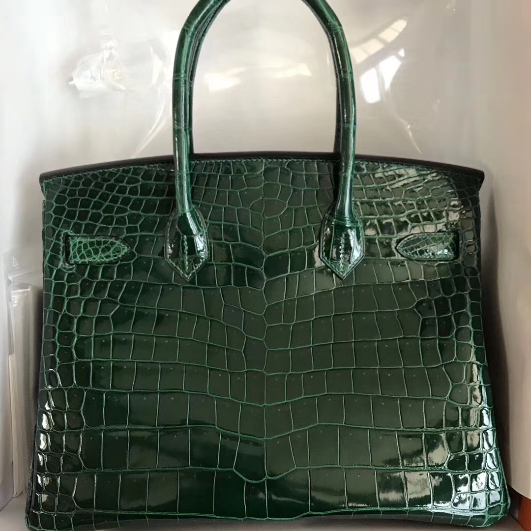 Luxury Hermes Shiny Crocodile Leather Birkin Bag30CM in CK67 Vert Fonce Gold Hardware