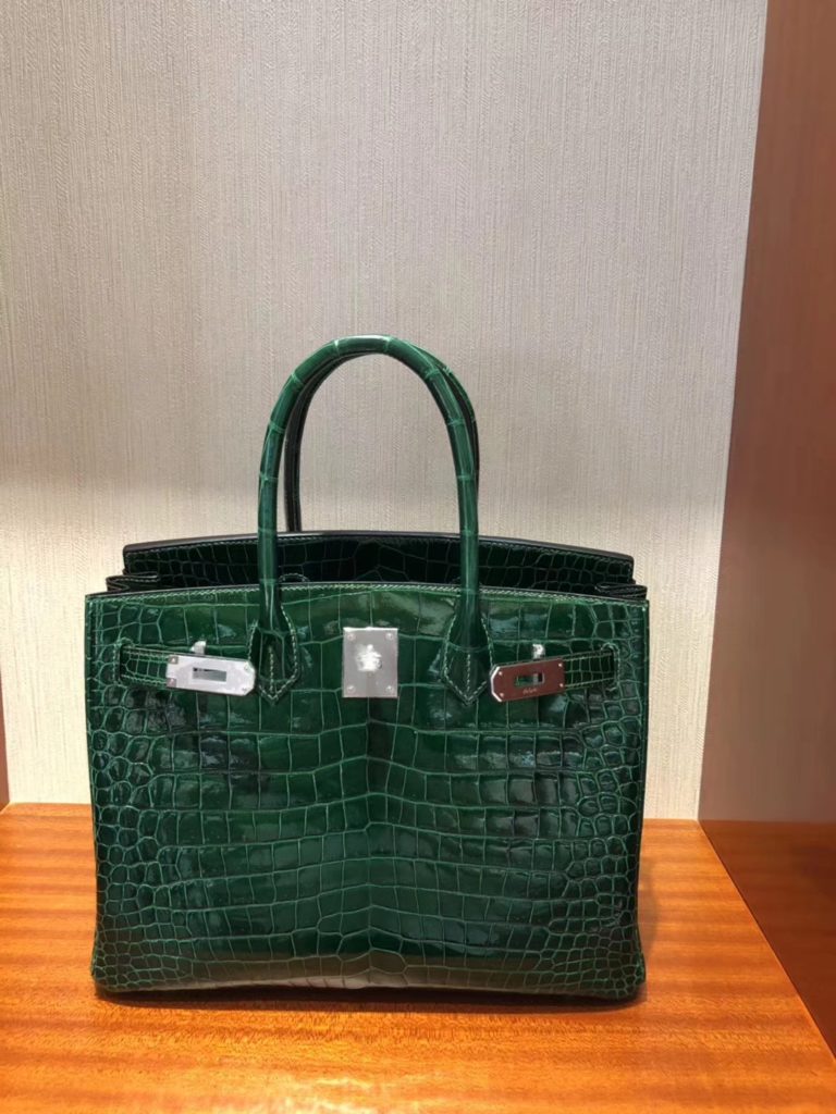 High Quality Hermes Shiny Crocodile Leather Birkin 30CM Bag in CK67 Vert Fonce
