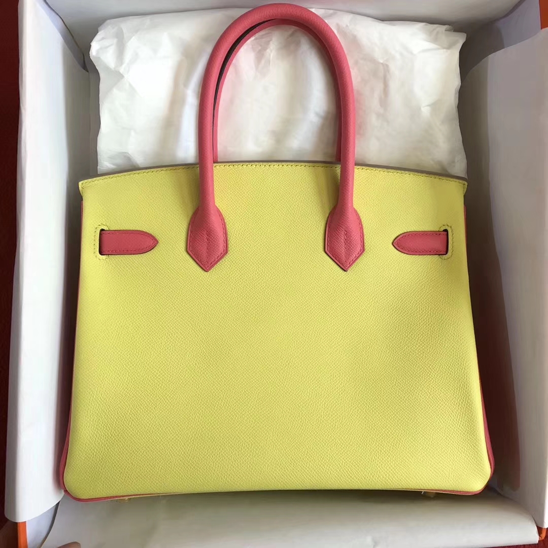 Pretty Hermes C9 Soupre Yellow &#038; 8W Rose Lipstick Epsom Birkin30CM Bag