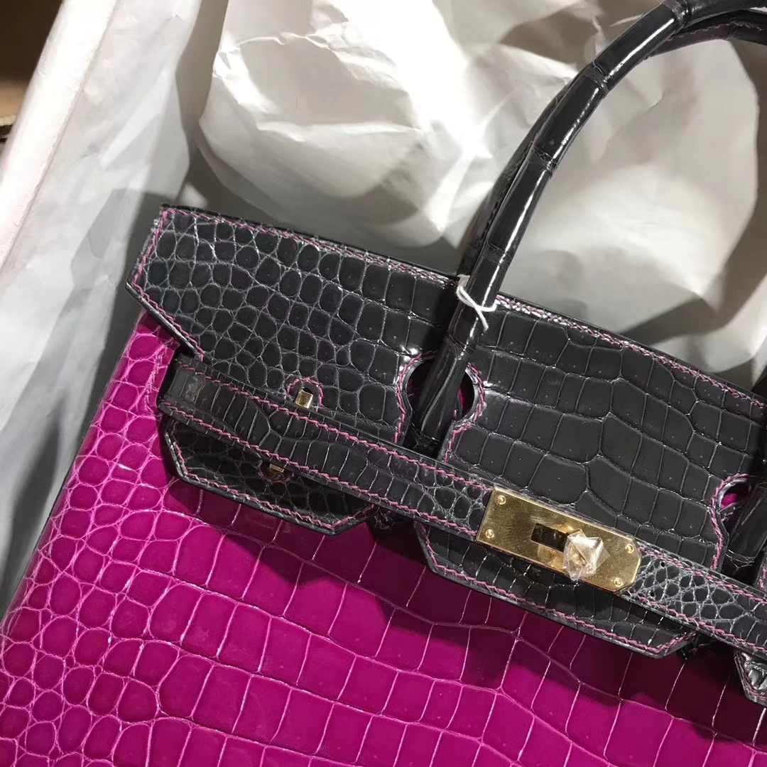 Luxury Hermes J5 Rose Scheherazade/CK88 Graphite Grey Crocodile Birkin30CM Bag