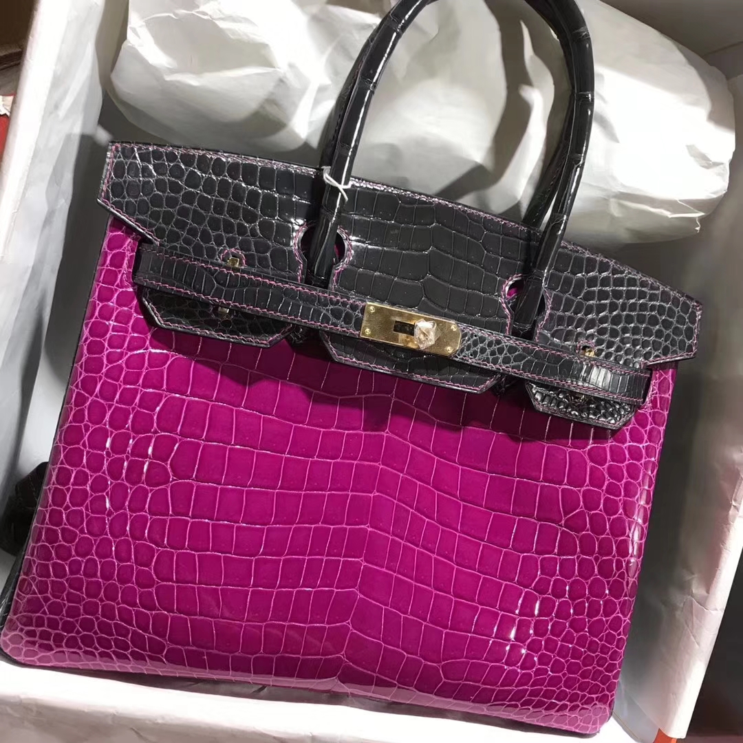 Luxury Hermes J5 Rose Scheherazade/CK88 Graphite Grey Crocodile Birkin30CM Bag