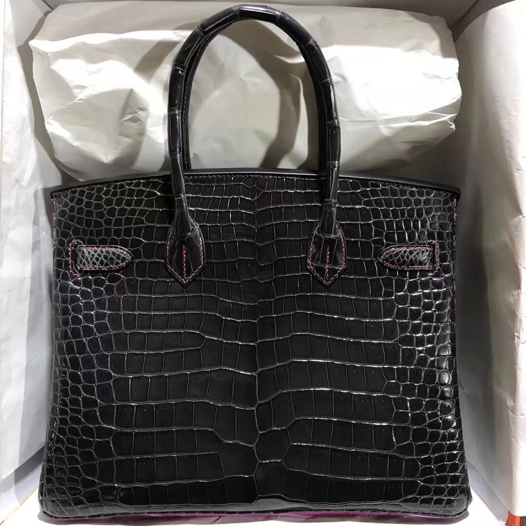 Luxury Hermes J5 Rose Scheherazade/CK88 Graphite Grey Crocodile Birkin30CM Bag