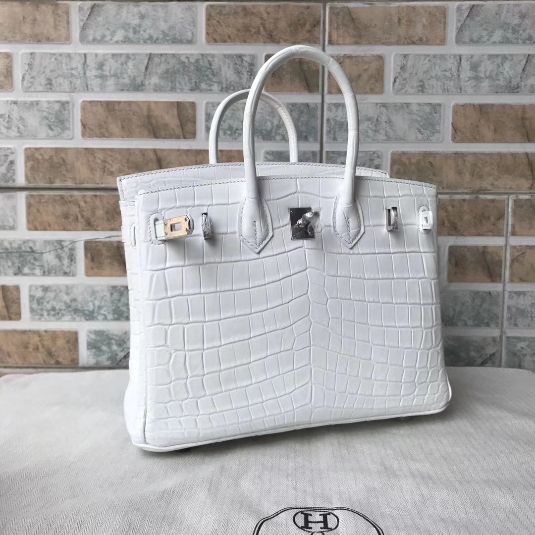 Fashion Hermes Crocodile Matt Birkin30CM Bag in White Silver Hardware
