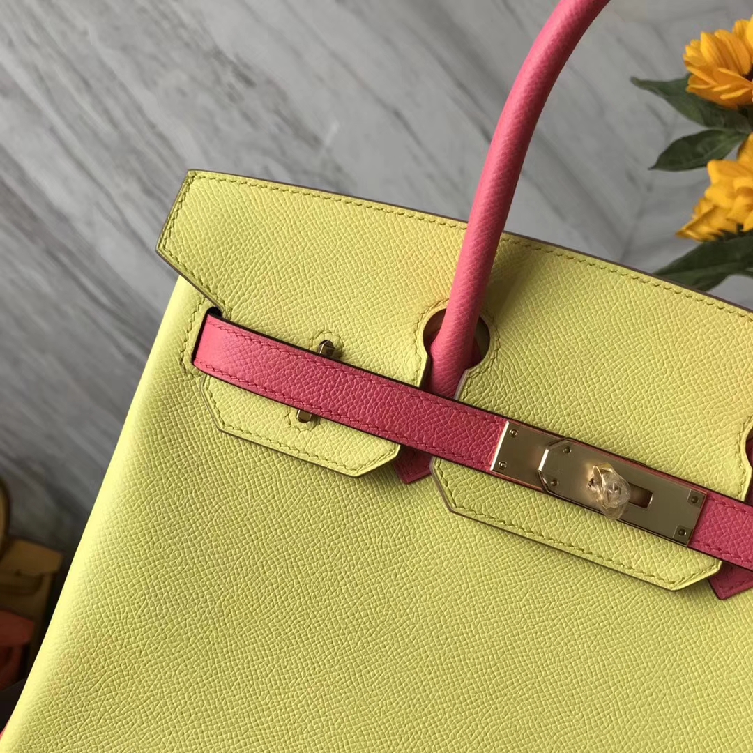 Fashion Hermes 9R Lemon Yellow/8W Rose Azalee Epsom Calf Birkin30CM Bag