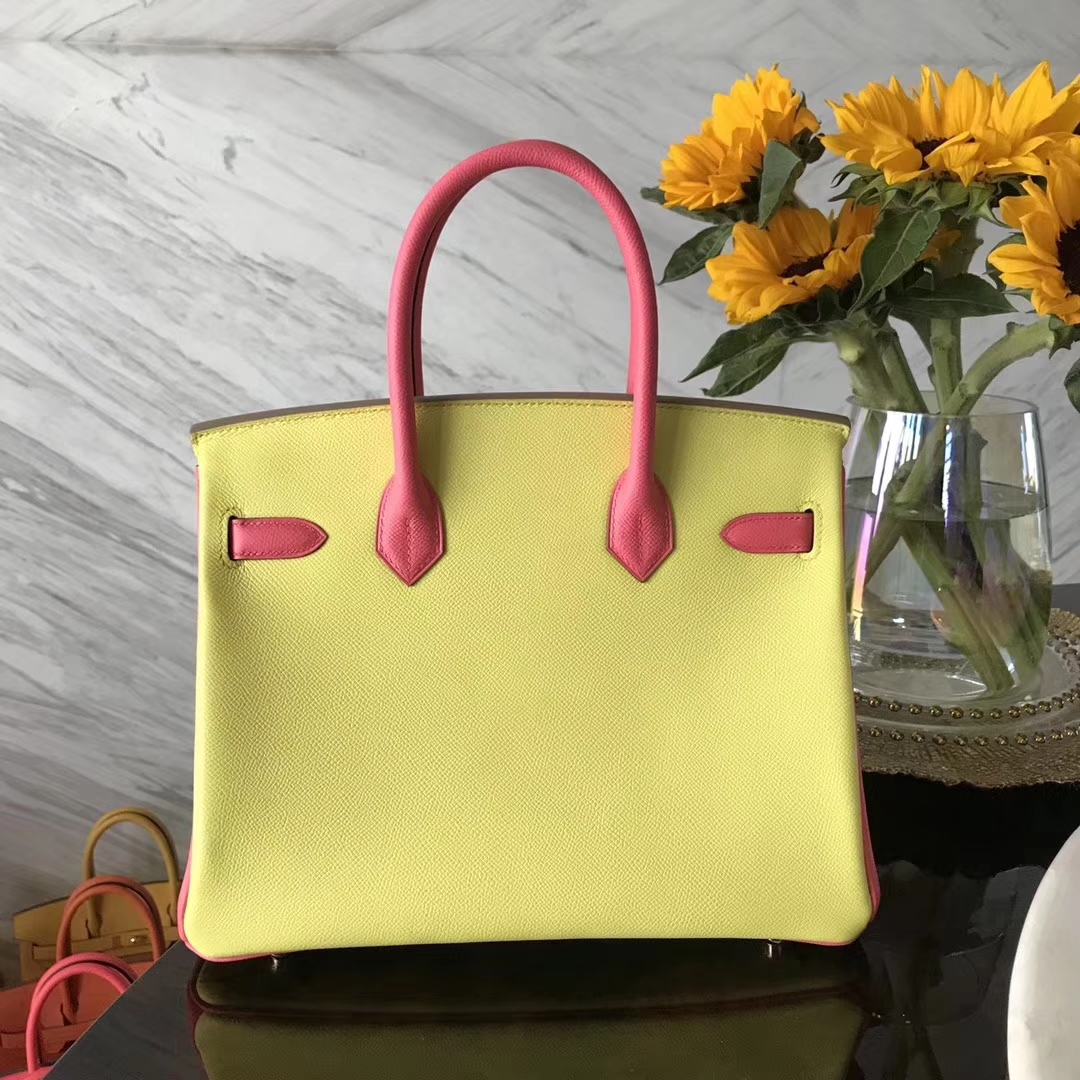 Fashion Hermes 9R Lemon Yellow/8W Rose Azalee Epsom Calf Birkin30CM Bag
