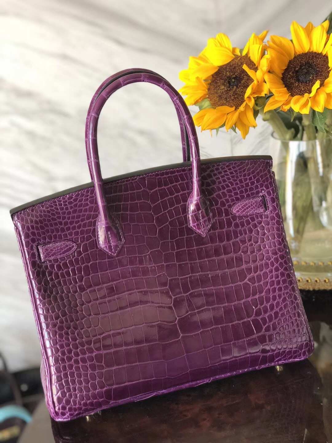 Luxury Hermes 9G Amethyst Purple Shiny Crocodile Leather Birkin30CM Bag