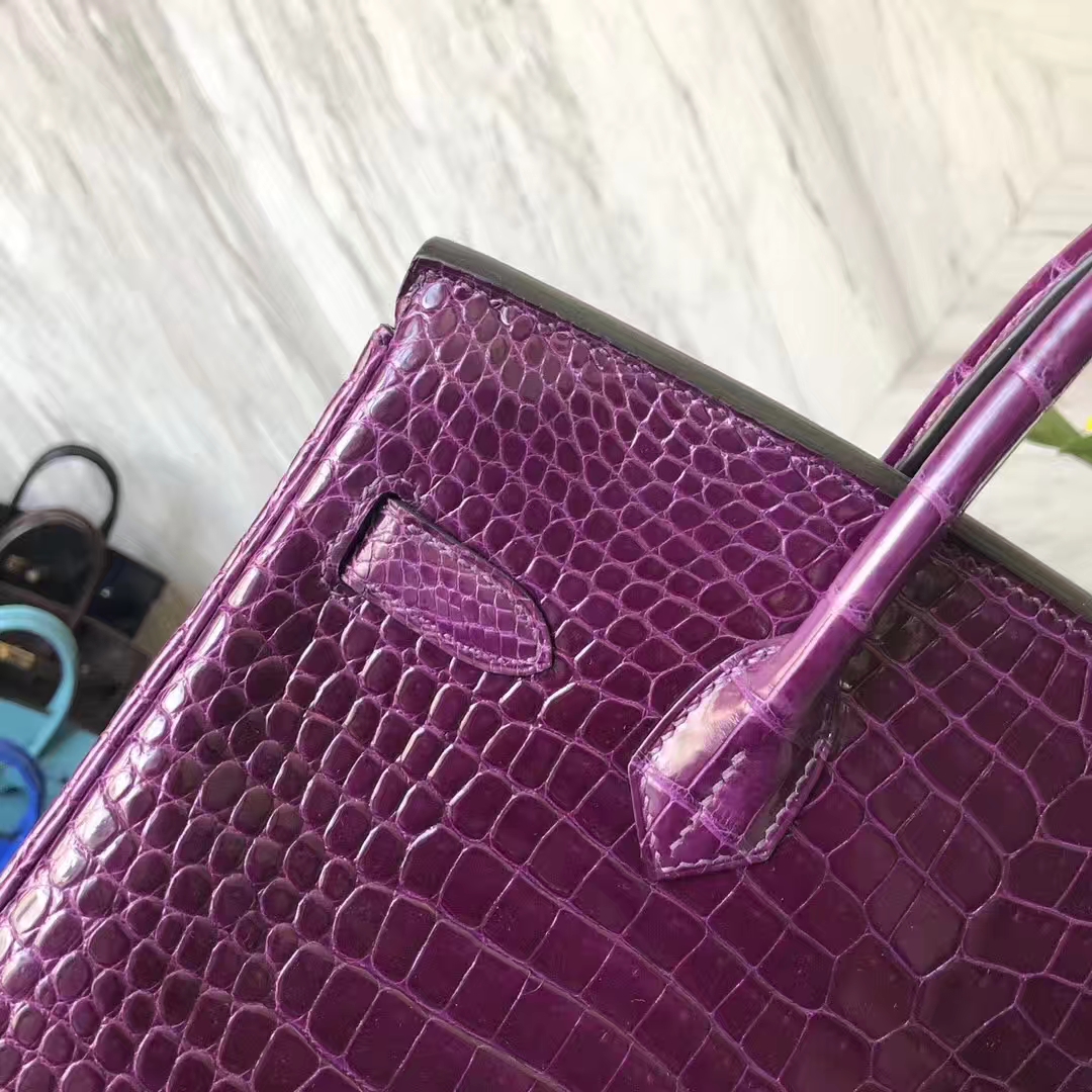 Luxury Hermes 9G Amethyst Purple Shiny Crocodile Leather Birkin30CM Bag