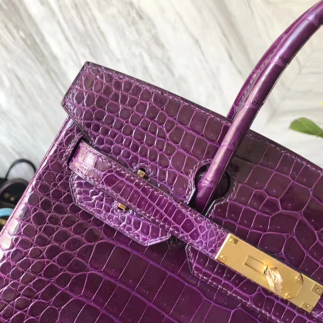 Luxury Hermes 9G Amethyst Purple Shiny Crocodile Leather Birkin30CM Bag