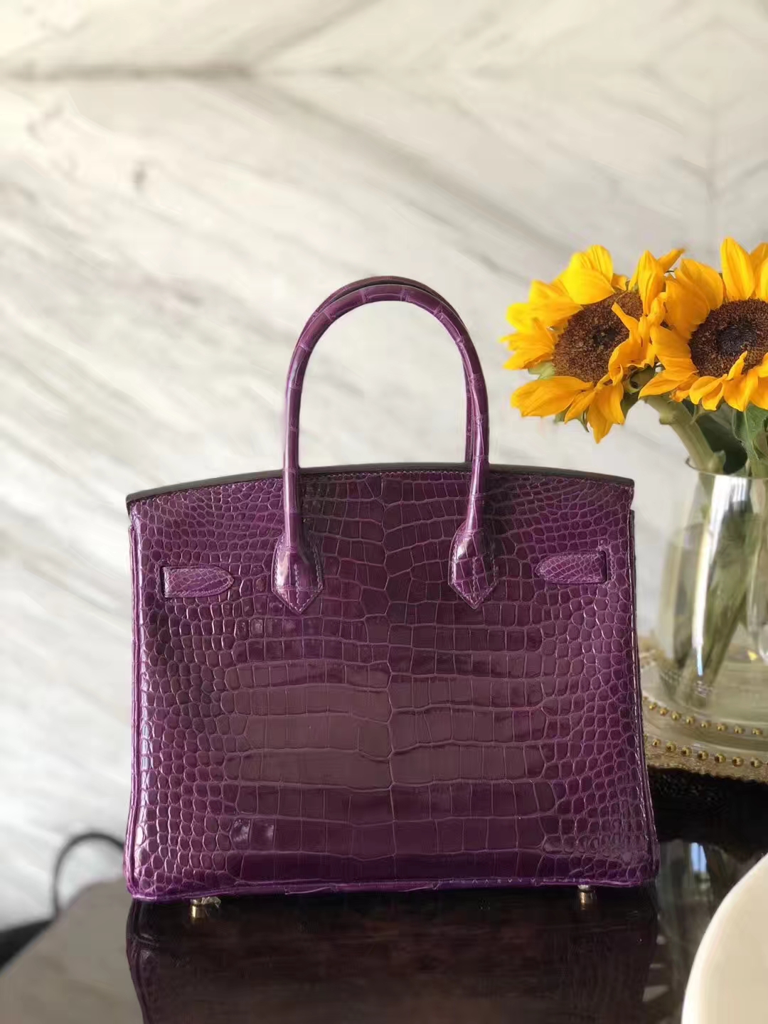 Luxury Hermes 9G Amethyst Purple Shiny Crocodile Leather Birkin30CM Bag