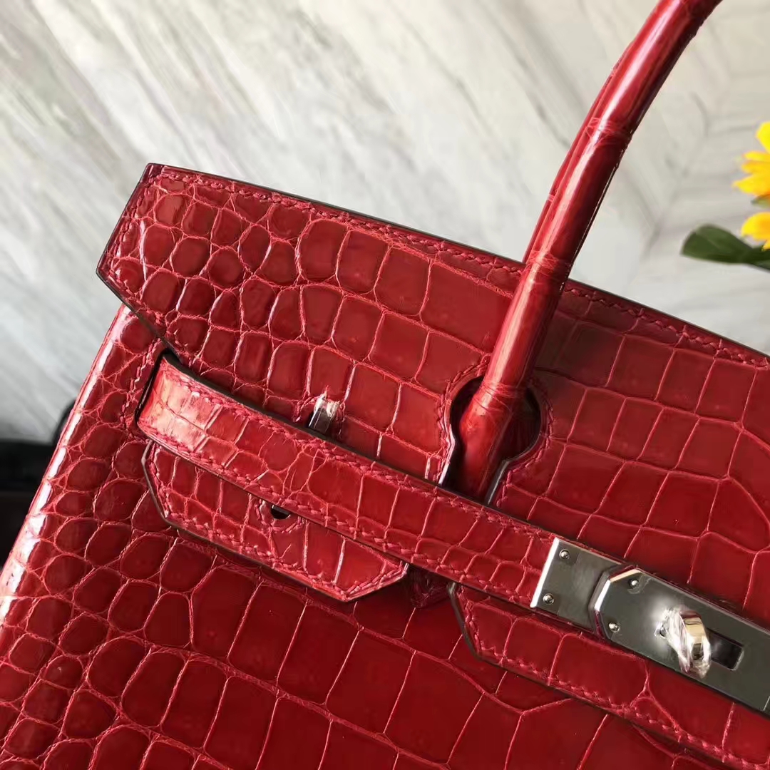 Pretty Hermes  Shiny Crocodile Birkin30CM Tote Bag in CK95 Braise Silver Hardware