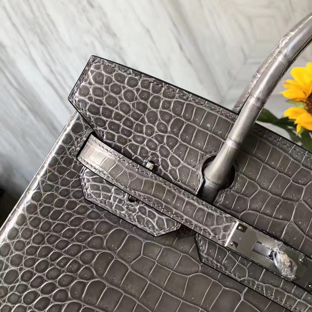 Elegant Hermes C81 Gris Tourterelle Shiny Crocodile Leather Birkin30CM Bag