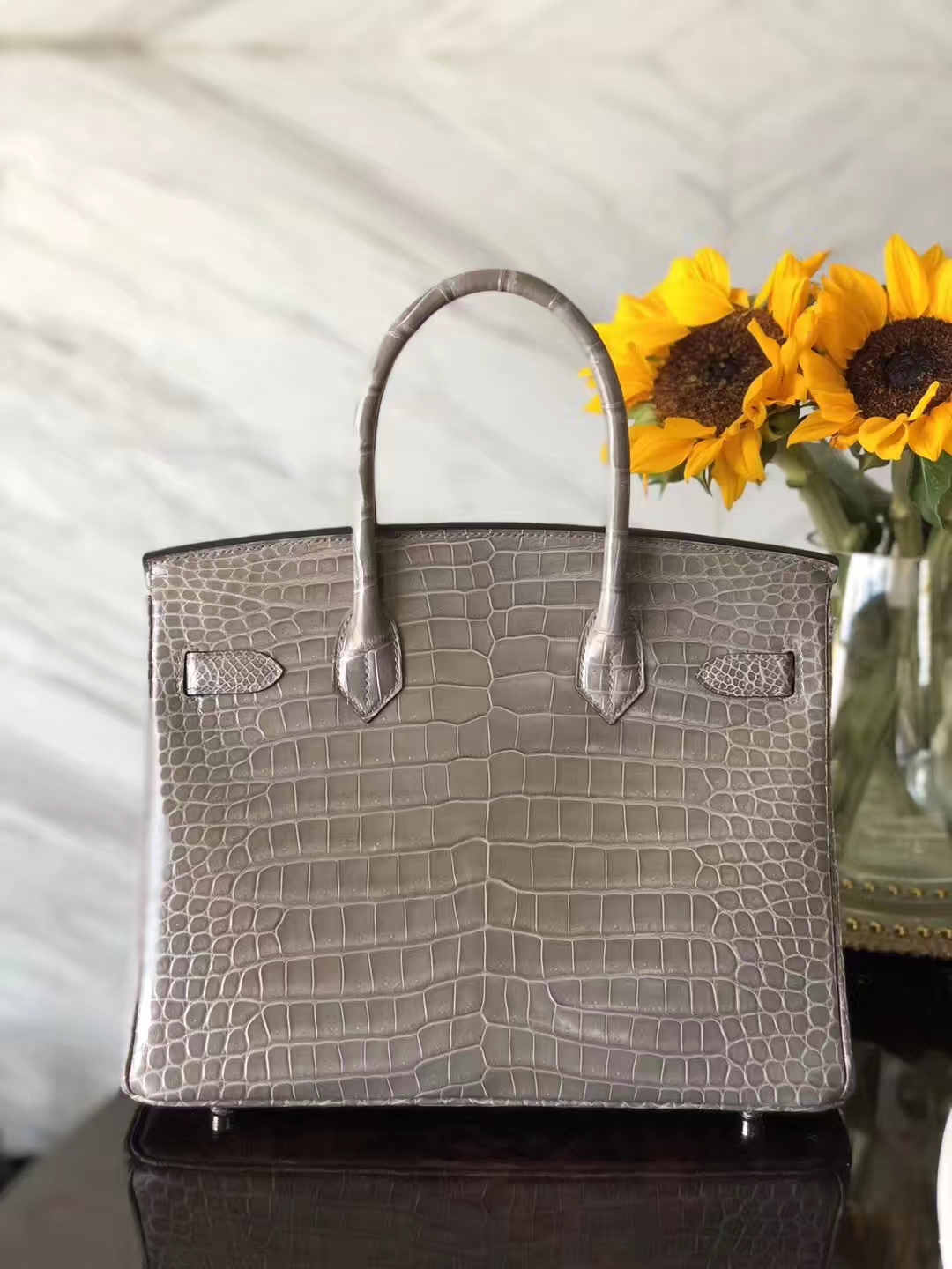 Elegant Hermes C81 Gris Tourterelle Shiny Crocodile Leather Birkin30CM Bag