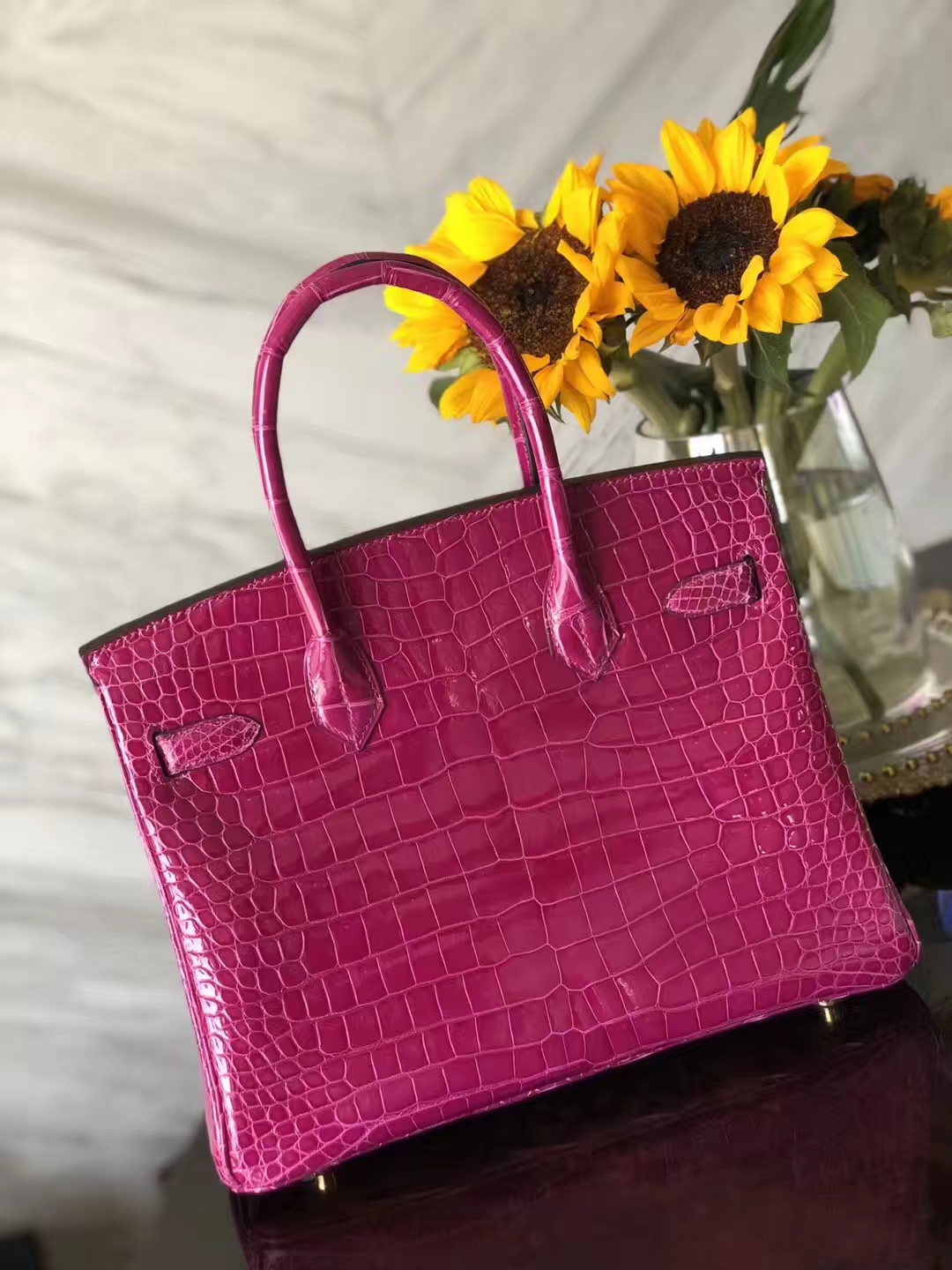 Sale Hermes J5 Rose Scheherazade Shiny Crocodile Leather Birkin Bag30CM Gold Hardware