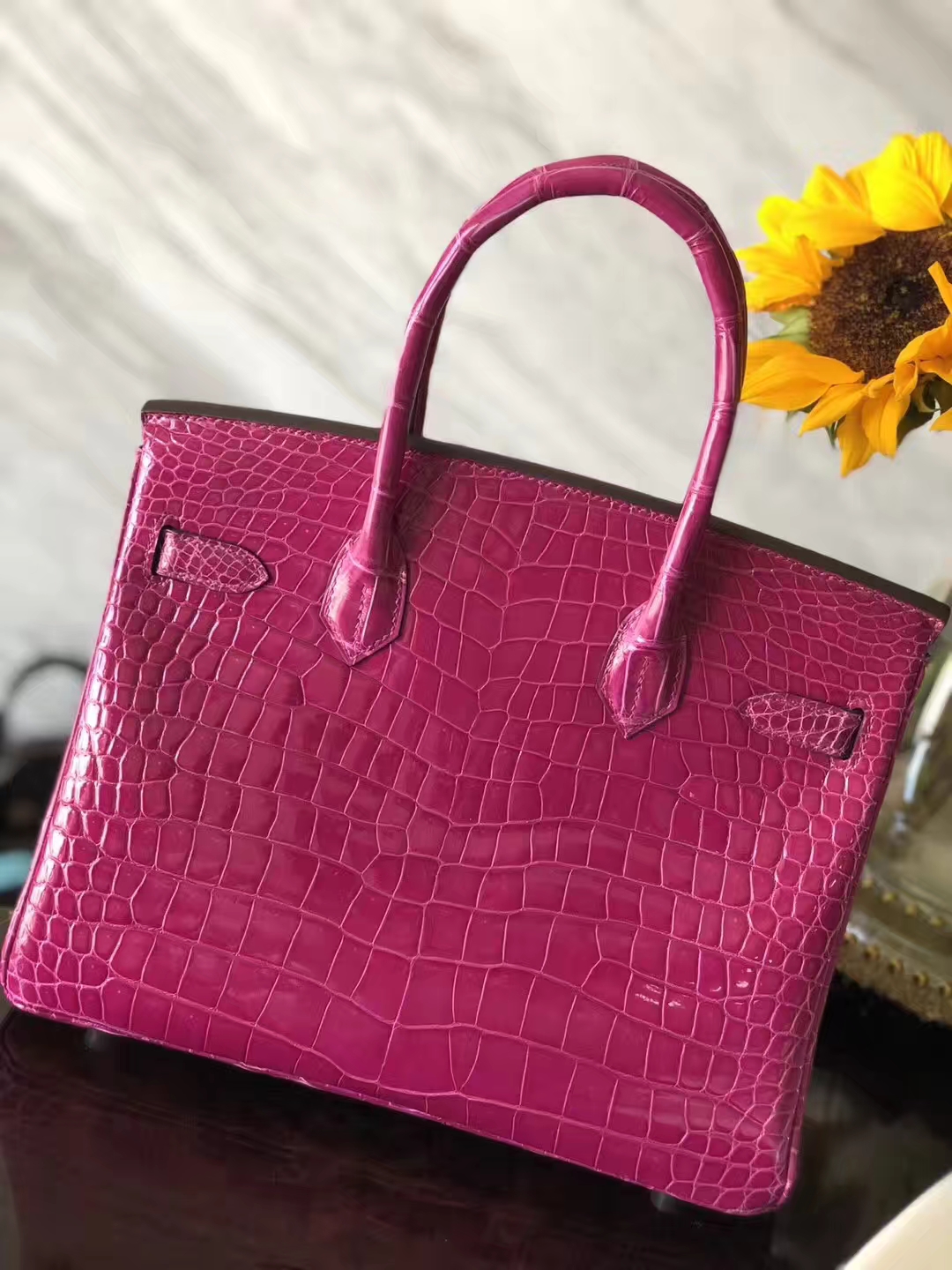 Hermes Shiny Crocodile Leather Birkin Bag30CM in J5 Rose Scheherazade Silver Hardware