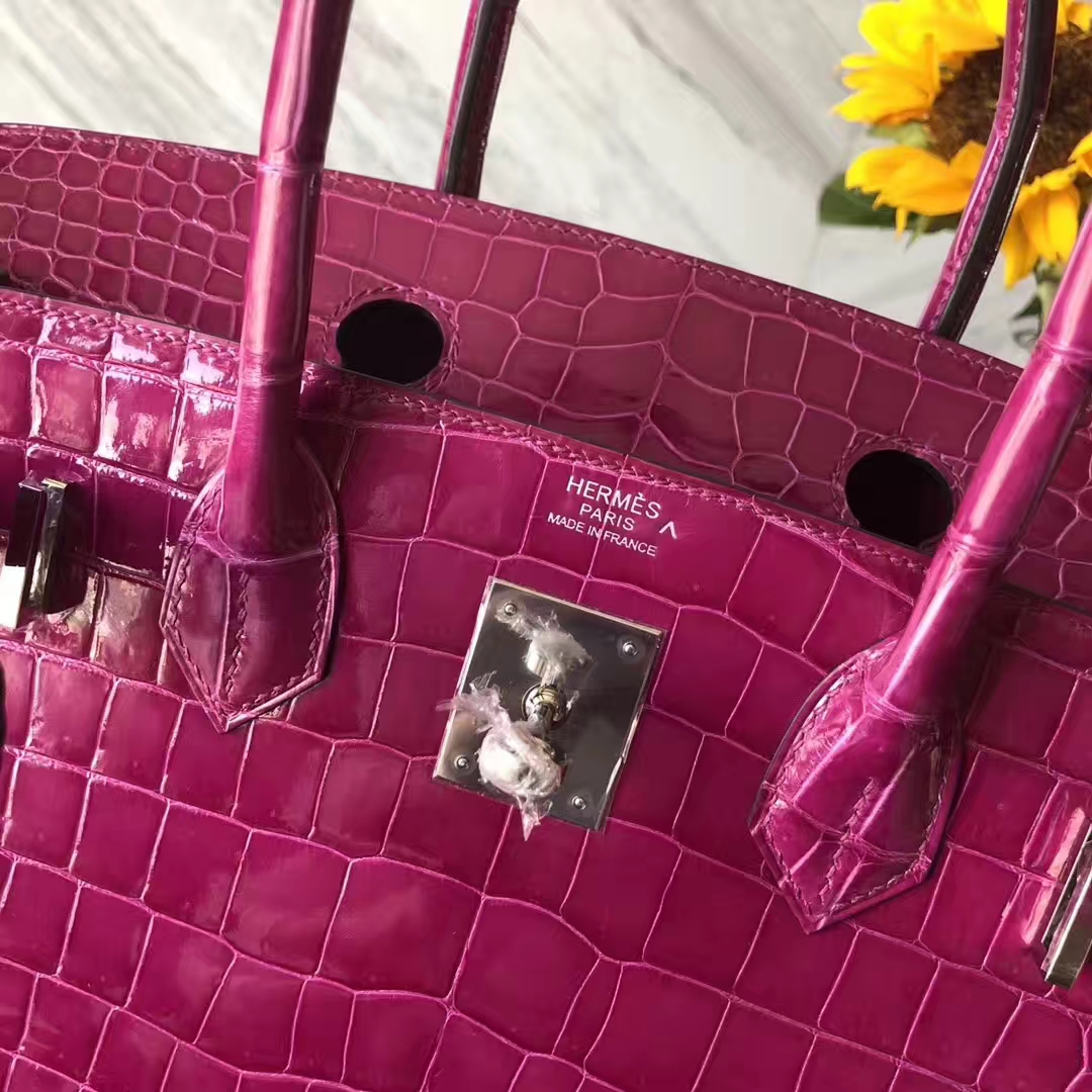 Hermes Shiny Crocodile Leather Birkin Bag30CM in J5 Rose Scheherazade Silver Hardware