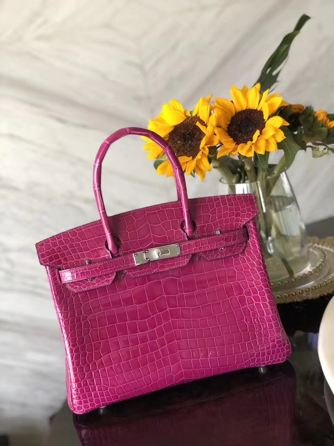 Hermes Shiny Crocodile Leather Birkin Bag30CM in J5 Rose Scheherazade Silver Hardware