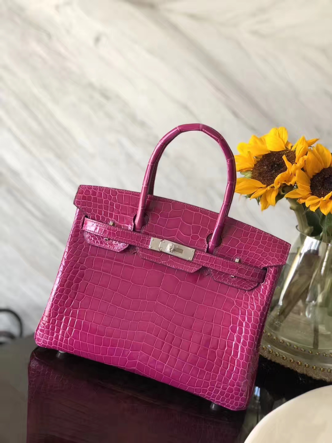 Hermes Shiny Crocodile Leather Birkin Bag30CM in J5 Rose Scheherazade Silver Hardware