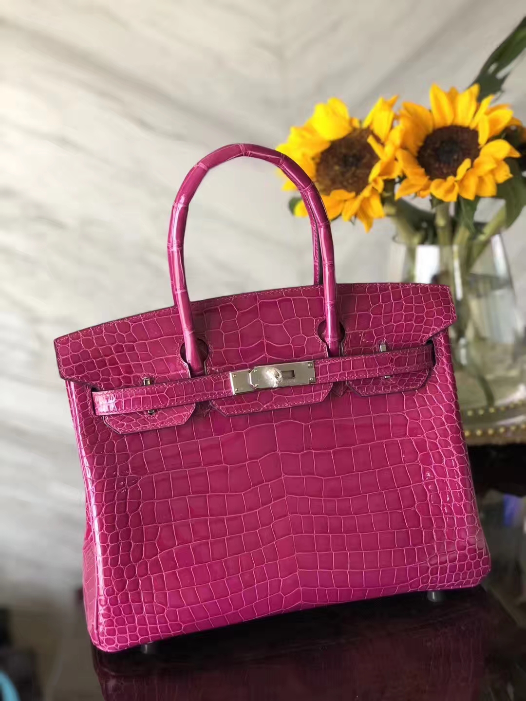 Hermes Shiny Crocodile Leather Birkin Bag30CM in J5 Rose Scheherazade Silver Hardware