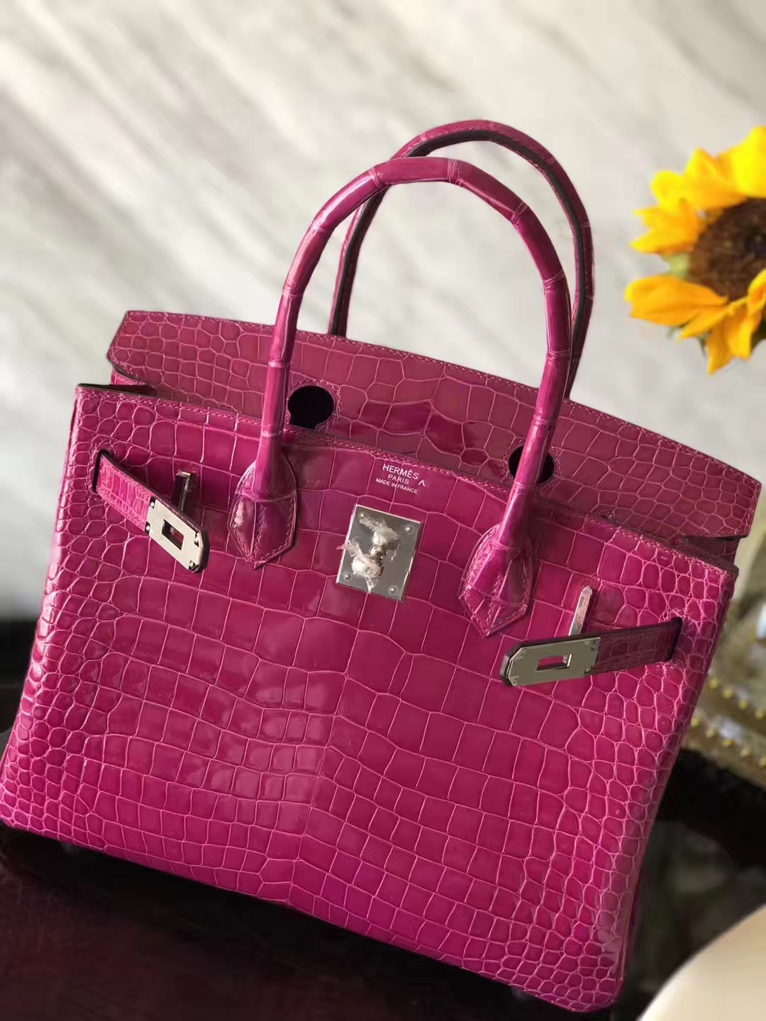 Hermes Shiny Crocodile Leather Birkin Bag30CM in J5 Rose Scheherazade Silver Hardware